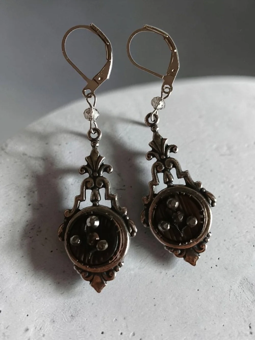 Antique Picture Button Earrings Cut Steel Rivets, MOP Oxidized Silver